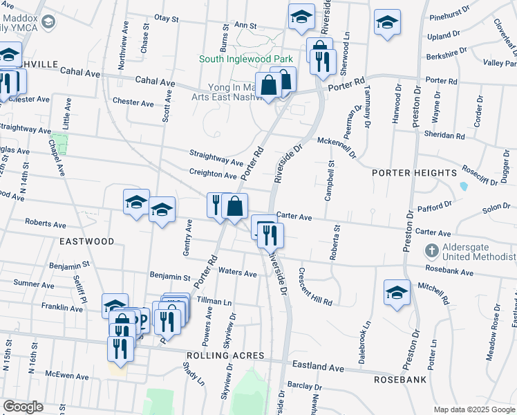 map of restaurants, bars, coffee shops, grocery stores, and more near 1208 Riverside Drive in Nashville
