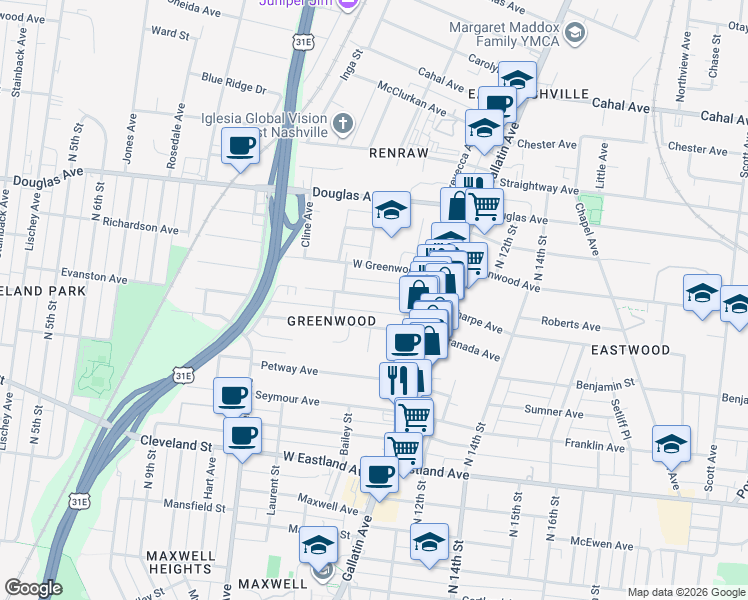 map of restaurants, bars, coffee shops, grocery stores, and more near 1013 Granada Avenue in Nashville