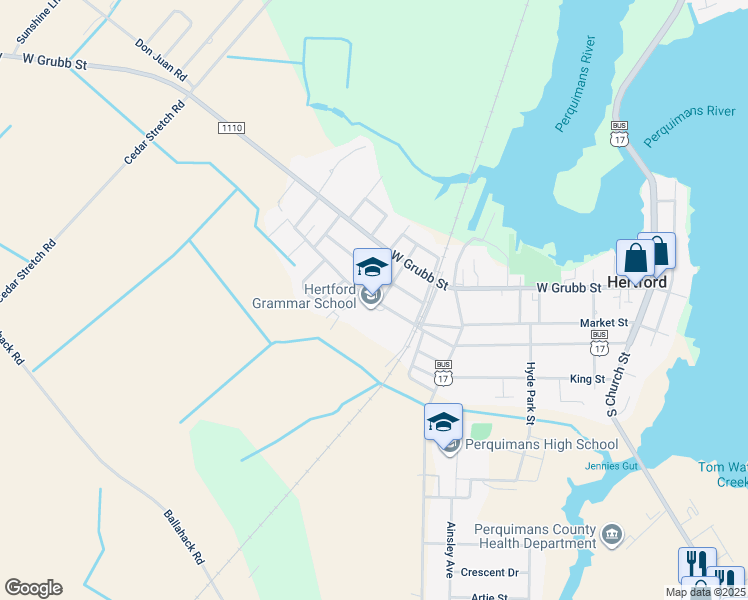 map of restaurants, bars, coffee shops, grocery stores, and more near 603 Dobbs Street in Hertford