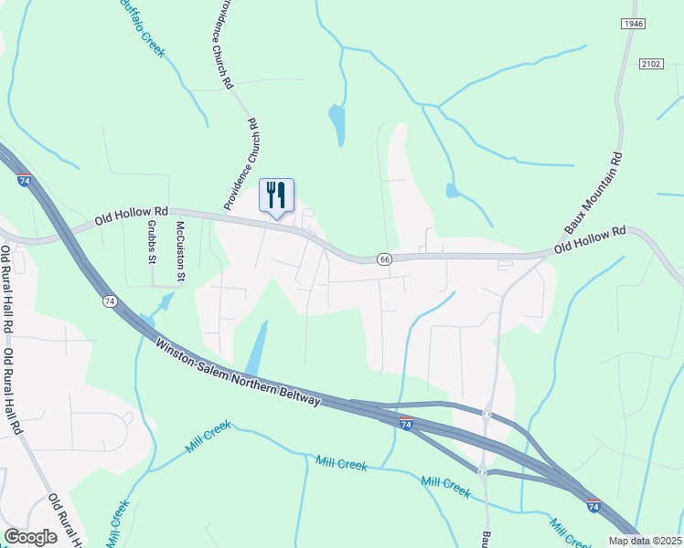 map of restaurants, bars, coffee shops, grocery stores, and more near 115 Fieldcreek Court in Winston-Salem