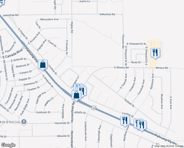 map of restaurants, bars, coffee shops, grocery stores, and more near 2181 East Winery Road in Pahrump