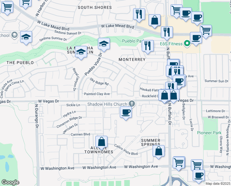 map of restaurants, bars, coffee shops, grocery stores, and more near 1605 Mexican Poppy Street in Las Vegas