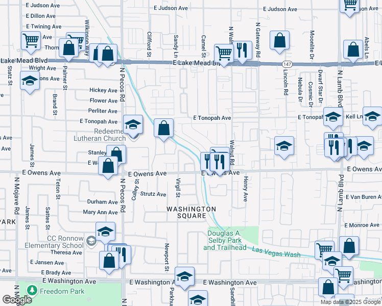 map of restaurants, bars, coffee shops, grocery stores, and more near 1624 Stevens Street in Las Vegas