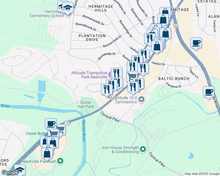map of restaurants, bars, coffee shops, grocery stores, and more near 1004 Hickory Hill Lane in Nashville