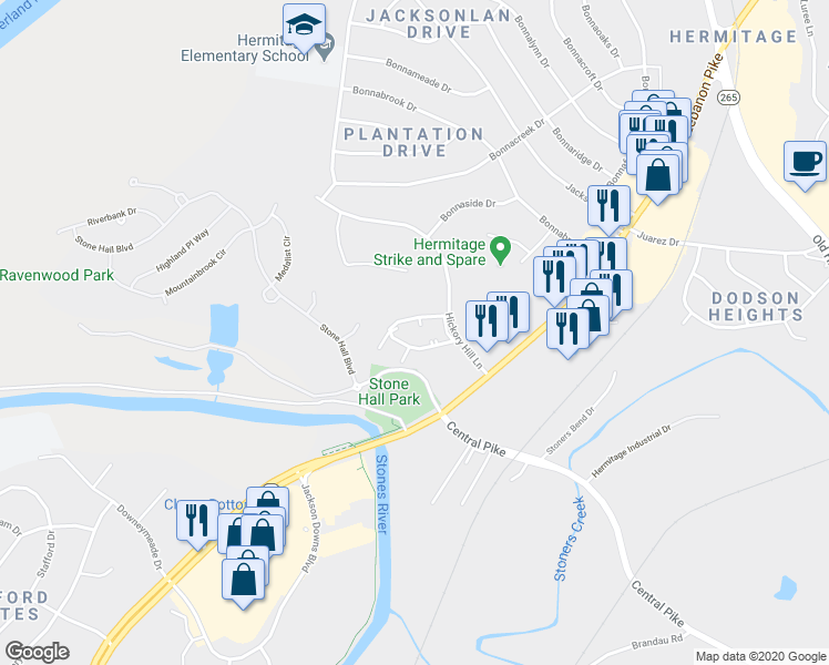 map of restaurants, bars, coffee shops, grocery stores, and more near Lebanon Pike in Nashville