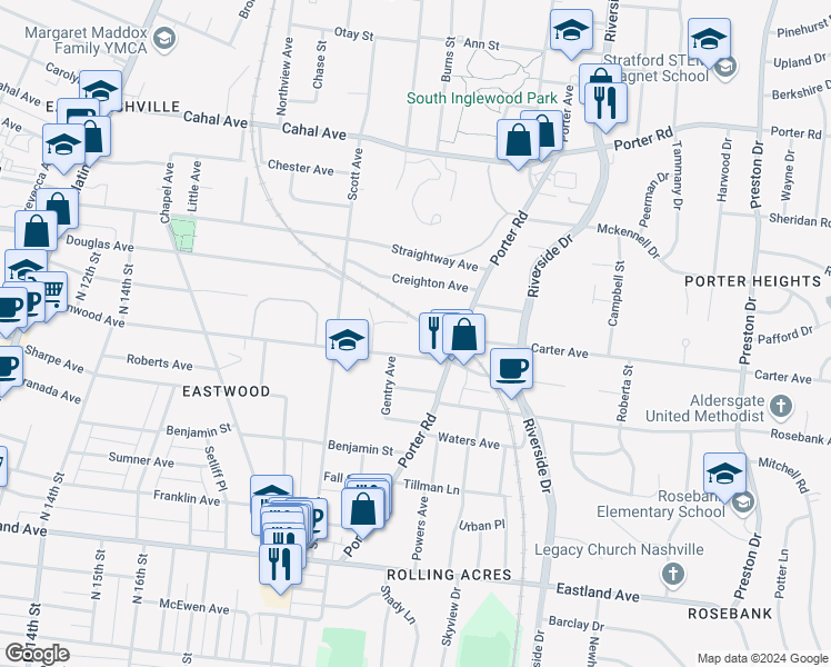 map of restaurants, bars, coffee shops, grocery stores, and more near 2033 Greenwood Avenue in Nashville