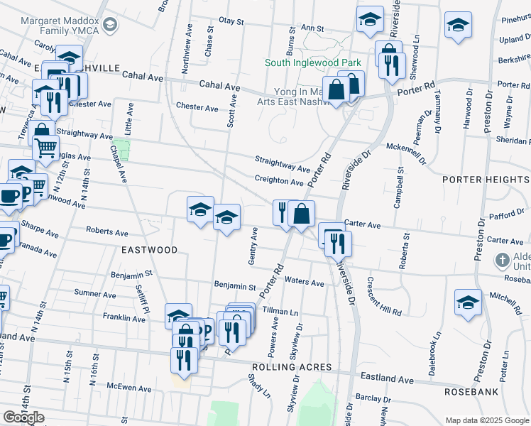 map of restaurants, bars, coffee shops, grocery stores, and more near 2017 Greenwood Avenue in Nashville
