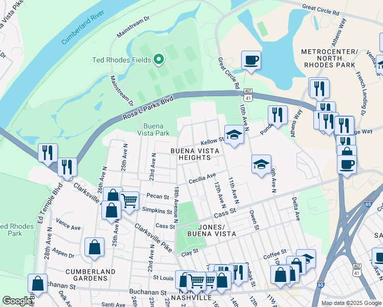 map of restaurants, bars, coffee shops, grocery stores, and more near 1405B Walsh Street in Nashville