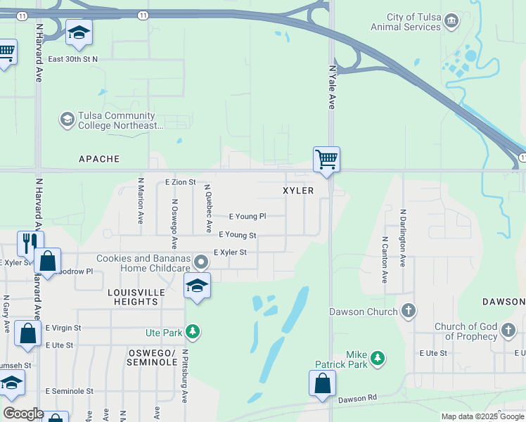 map of restaurants, bars, coffee shops, grocery stores, and more near 4262 East Young Place in Tulsa