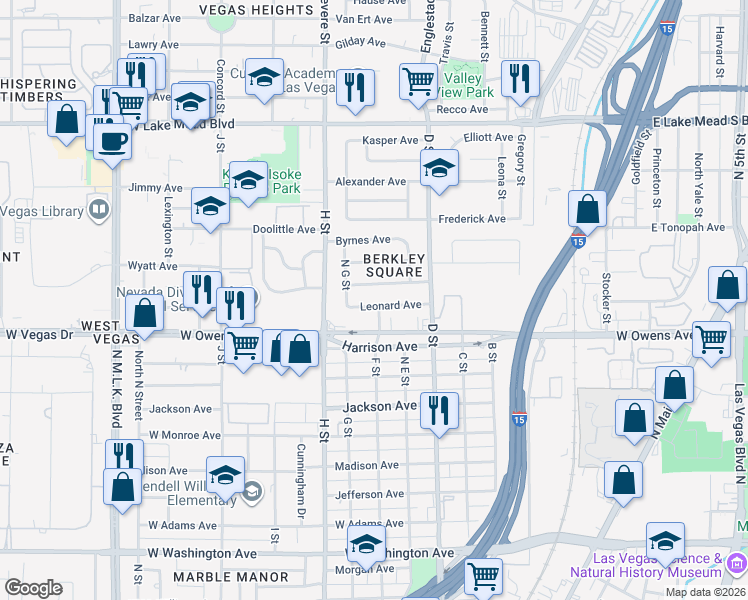 map of restaurants, bars, coffee shops, grocery stores, and more near 520 Leonard Avenue in Las Vegas