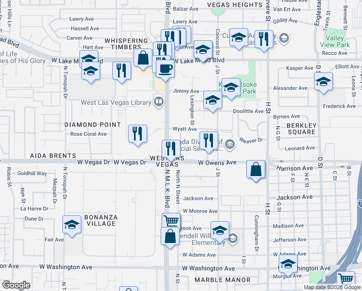 map of restaurants, bars, coffee shops, grocery stores, and more near 1633 Las Vegas Expressway in Las Vegas