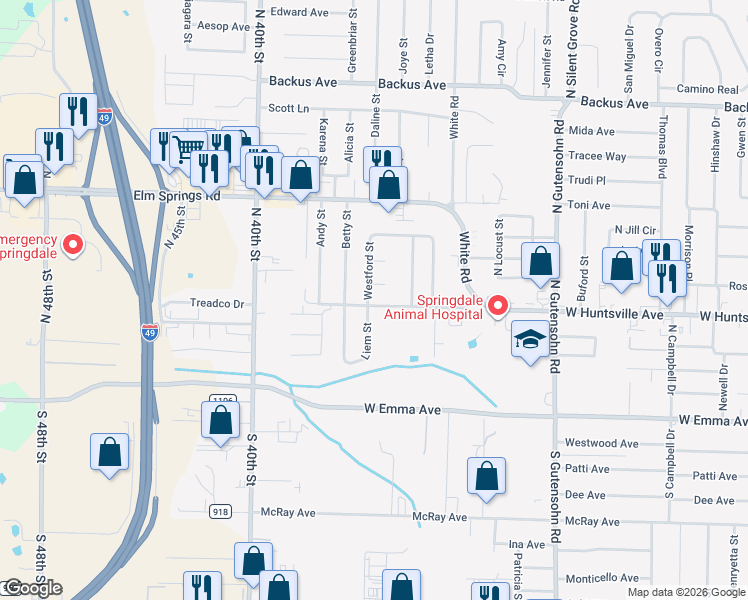 map of restaurants, bars, coffee shops, grocery stores, and more near 3501 West Huntsville Avenue in Springdale