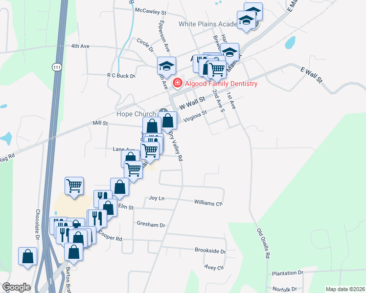 map of restaurants, bars, coffee shops, grocery stores, and more near 166 Dry Valley Road in Cookeville