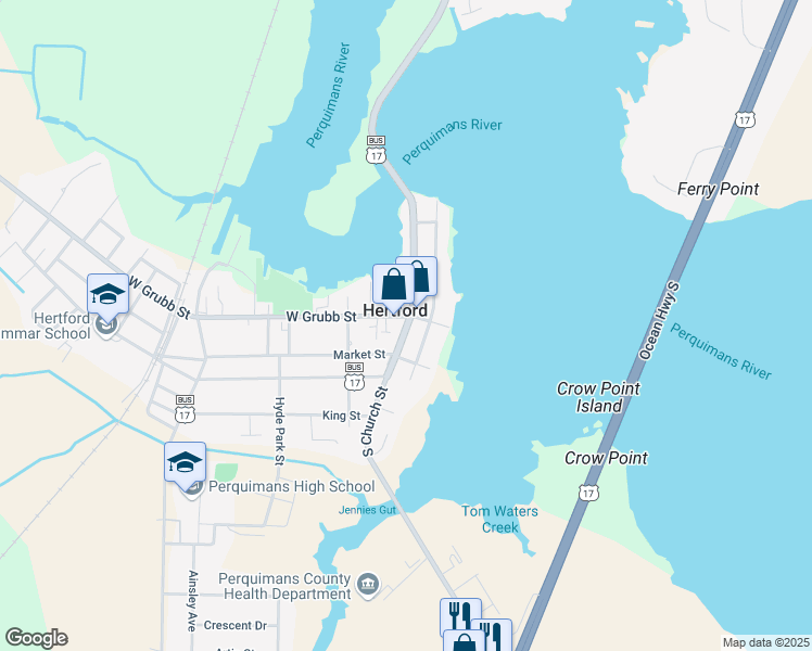 map of restaurants, bars, coffee shops, grocery stores, and more near 135 North Church Street in Hertford