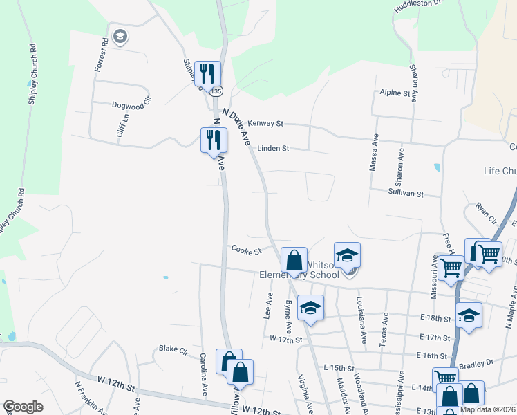 map of restaurants, bars, coffee shops, grocery stores, and more near 1926 North Dixie Avenue in Cookeville