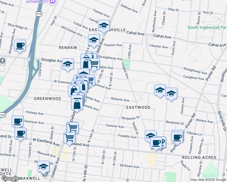 map of restaurants, bars, coffee shops, grocery stores, and more near 1408 Greenwood Avenue in Nashville