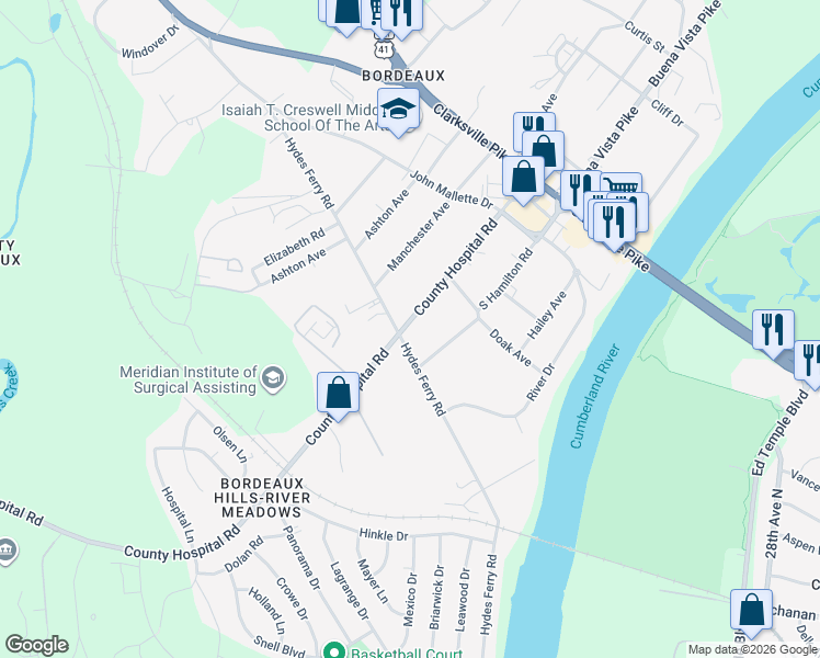 map of restaurants, bars, coffee shops, grocery stores, and more near 1709 South Hamilton Road in Nashville