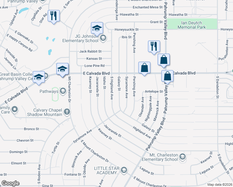 map of restaurants, bars, coffee shops, grocery stores, and more near 2050 Galaxy Street in Pahrump