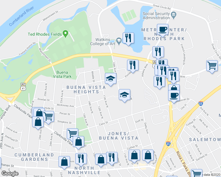 map of restaurants, bars, coffee shops, grocery stores, and more near 1015 Kellow Street in Nashville