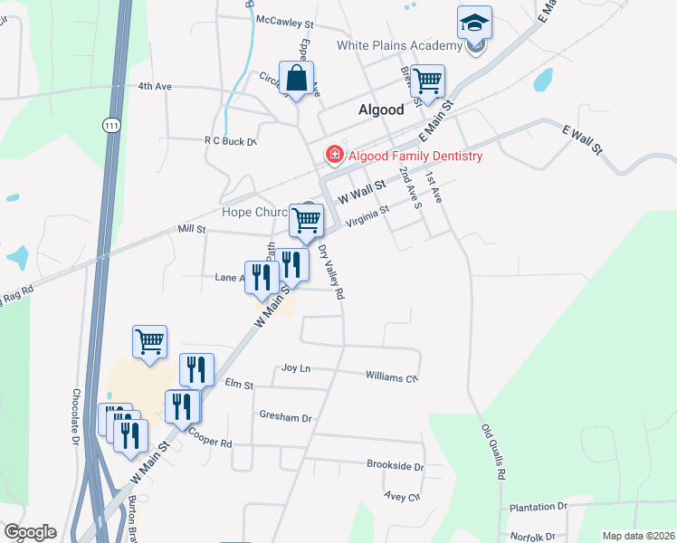 map of restaurants, bars, coffee shops, grocery stores, and more near 166 Dry Valley Road in Cookeville