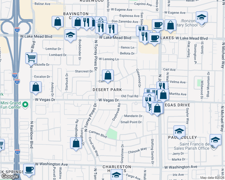 map of restaurants, bars, coffee shops, grocery stores, and more near 1700 Breezewood Drive in Las Vegas