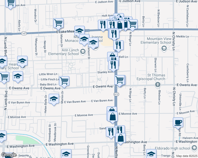 map of restaurants, bars, coffee shops, grocery stores, and more near 12 East Owens Avenue in Las Vegas