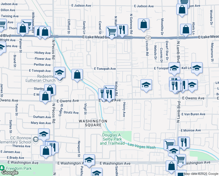 map of restaurants, bars, coffee shops, grocery stores, and more near 3837 East Pecan Lane in Las Vegas