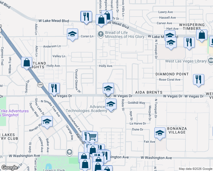 map of restaurants, bars, coffee shops, grocery stores, and more near 2701 Rising Legend Way in Las Vegas