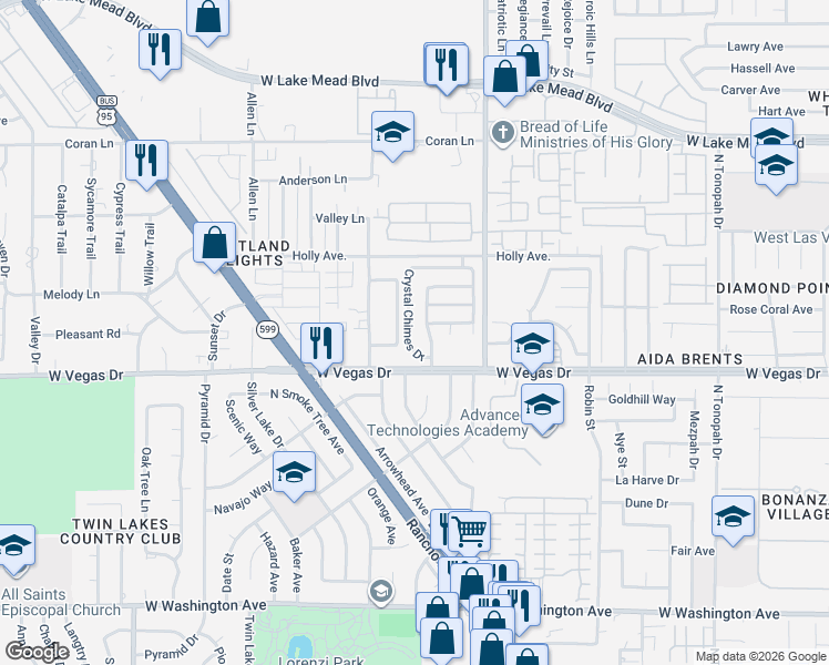 map of restaurants, bars, coffee shops, grocery stores, and more near 1621 Crystal Chimes Drive in Las Vegas
