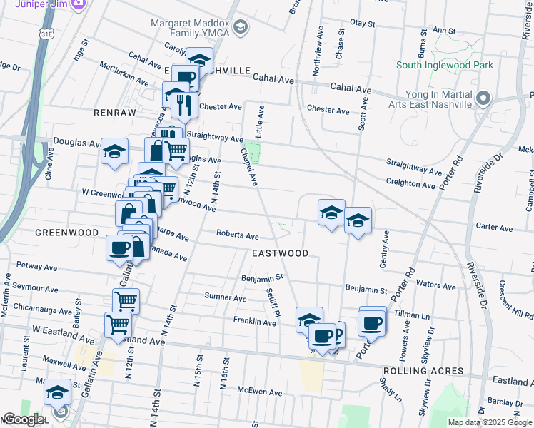 map of restaurants, bars, coffee shops, grocery stores, and more near 1116B Chapel Avenue in Nashville