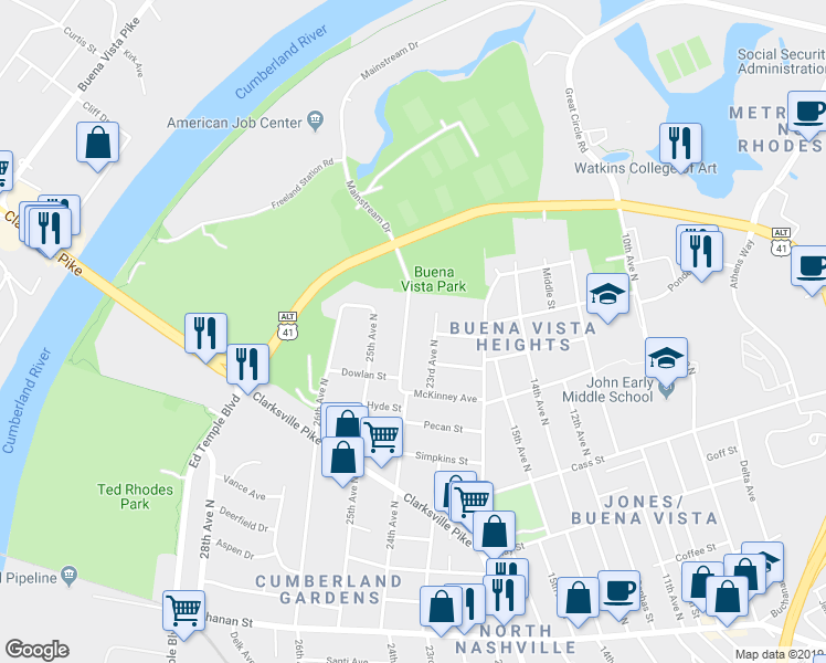 map of restaurants, bars, coffee shops, grocery stores, and more near 2209 24th Avenue North in Nashville