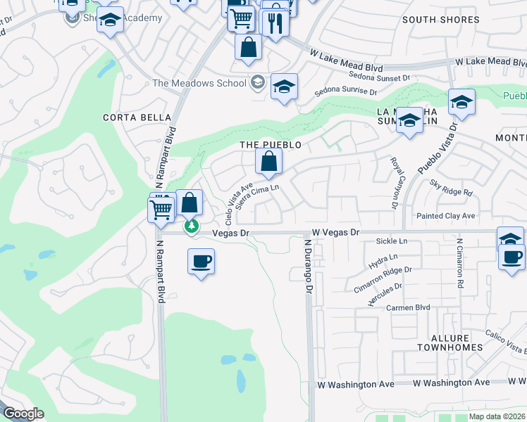 map of restaurants, bars, coffee shops, grocery stores, and more near 1609 Vespertina Court in Las Vegas