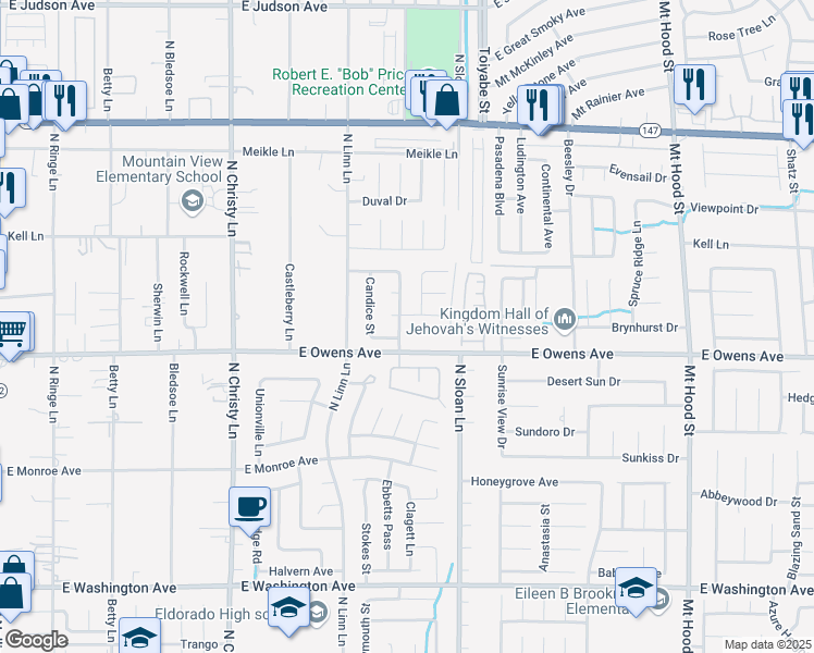 map of restaurants, bars, coffee shops, grocery stores, and more near 1648 Trish Lane in Las Vegas