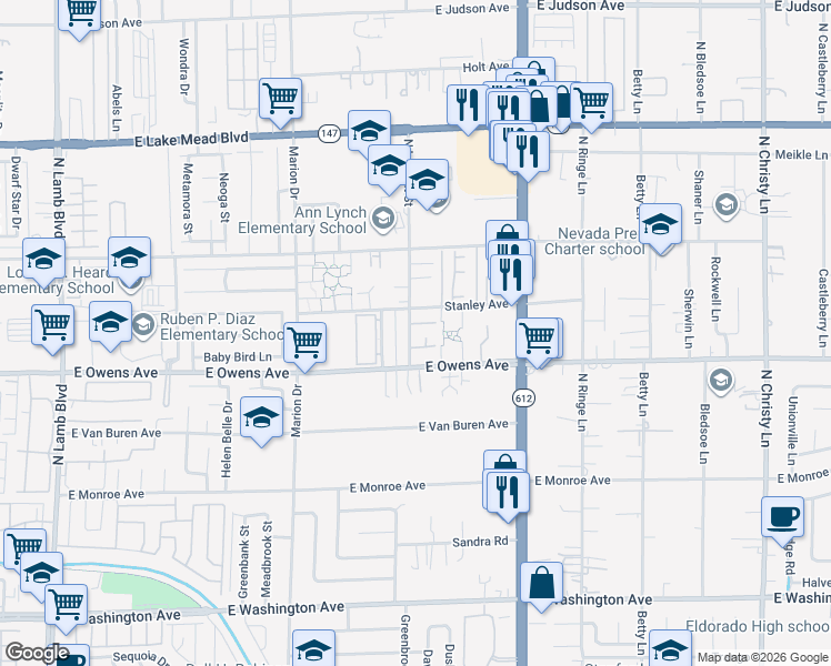map of restaurants, bars, coffee shops, grocery stores, and more near 1611 North Lamont Street in Las Vegas