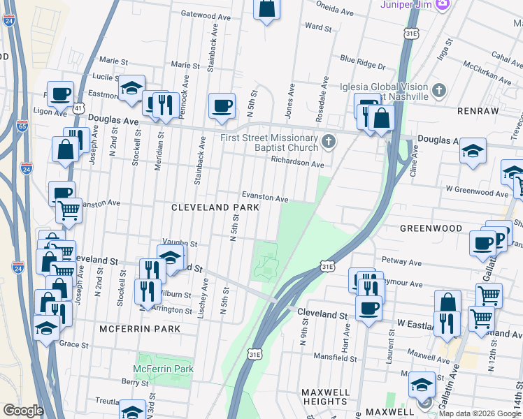 map of restaurants, bars, coffee shops, grocery stores, and more near in Nashville