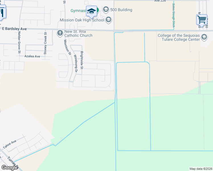 map of restaurants, bars, coffee shops, grocery stores, and more near 3397 Brisa Court in Tulare