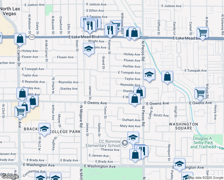 map of restaurants, bars, coffee shops, grocery stores, and more near 1628 Palmer Street in North Las Vegas