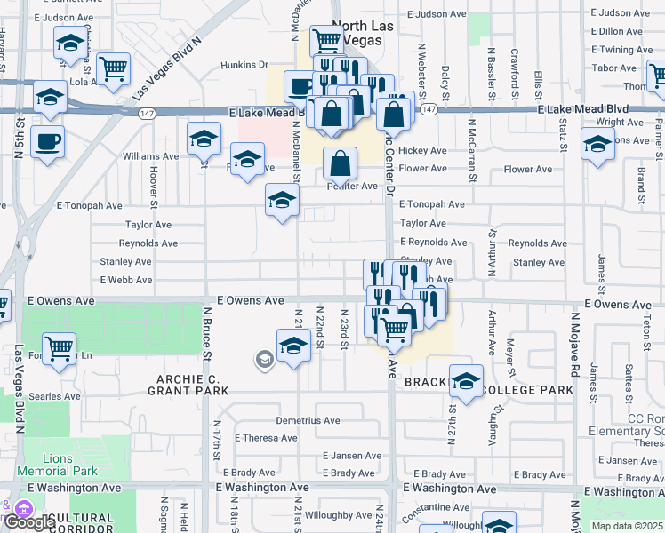 map of restaurants, bars, coffee shops, grocery stores, and more near 2105 Stanley Avenue in North Las Vegas