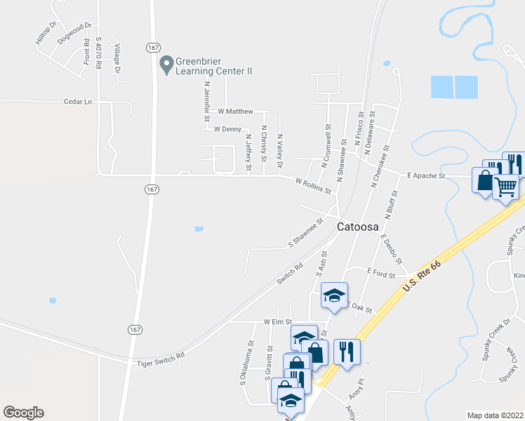 map of restaurants, bars, coffee shops, grocery stores, and more near 352 South Shawnee Street in Catoosa