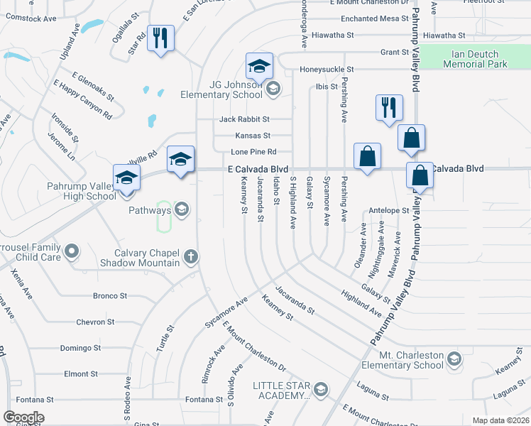map of restaurants, bars, coffee shops, grocery stores, and more near 2041 Jacaranda Street in Pahrump