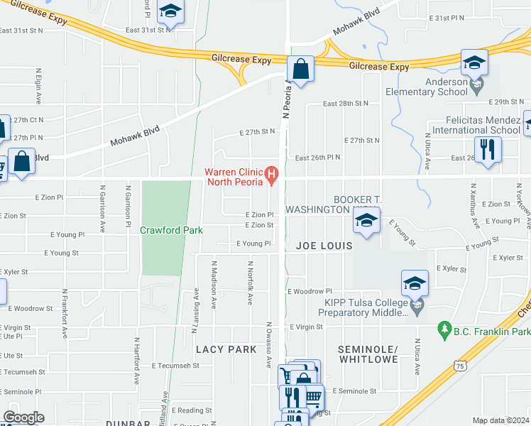 map of restaurants, bars, coffee shops, grocery stores, and more near 2518 North Owasso Avenue in Tulsa