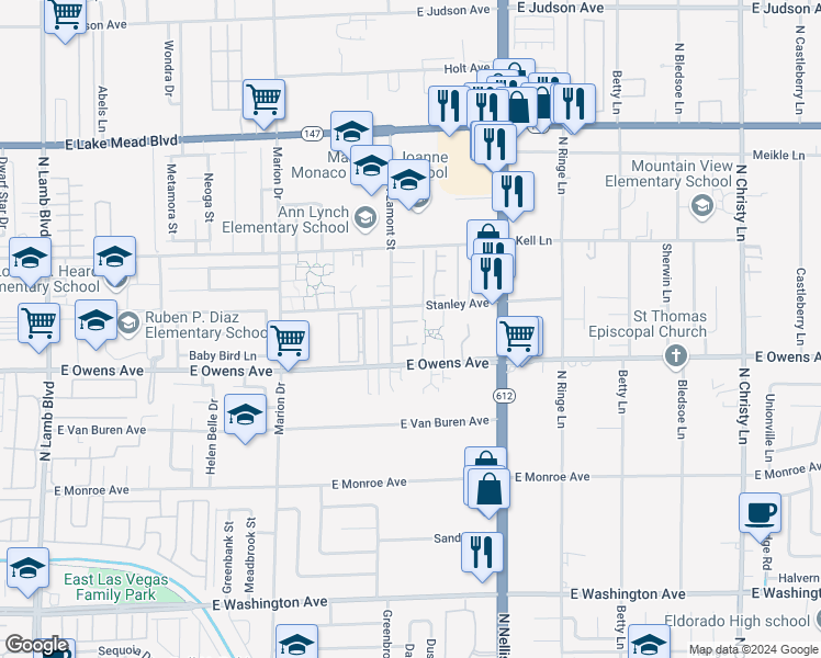 map of restaurants, bars, coffee shops, grocery stores, and more near 1660 North Lamont Street in Las Vegas