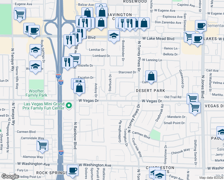 map of restaurants, bars, coffee shops, grocery stores, and more near 1720 Starbuck Drive in Las Vegas