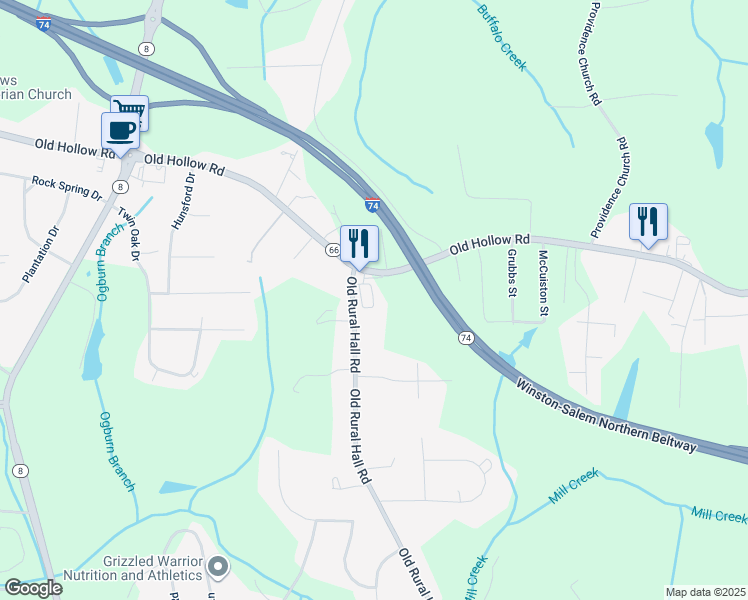 map of restaurants, bars, coffee shops, grocery stores, and more near 830 Old Hollow Road in Winston-Salem