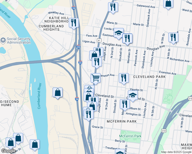 map of restaurants, bars, coffee shops, grocery stores, and more near 1106 Dickerson Pike in Nashville