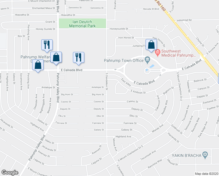 map of restaurants, bars, coffee shops, grocery stores, and more near 2021 South Dandelion Street in Pahrump