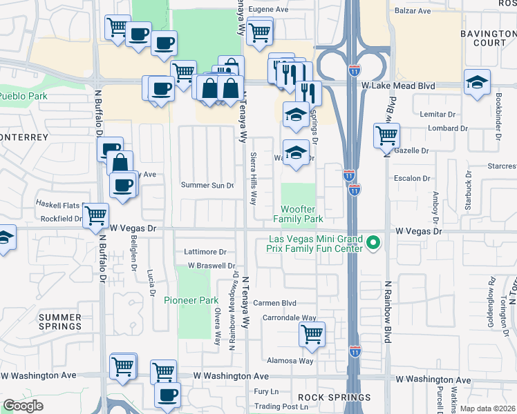 map of restaurants, bars, coffee shops, grocery stores, and more near 1628 Sierra Hills Way in Las Vegas
