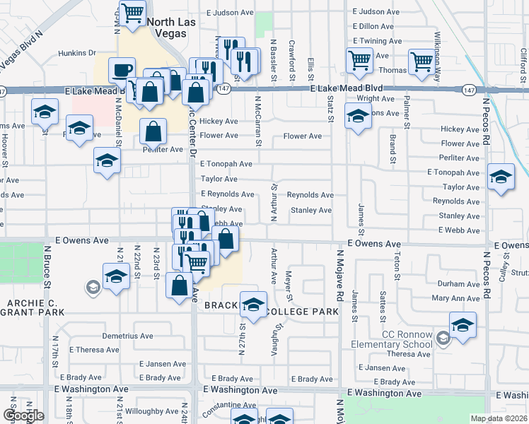 map of restaurants, bars, coffee shops, grocery stores, and more near 1643 North Arthur Street in North Las Vegas