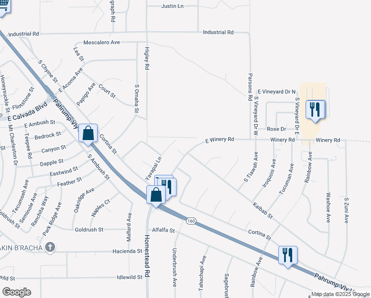map of restaurants, bars, coffee shops, grocery stores, and more near 3210 Winery Road in Pahrump