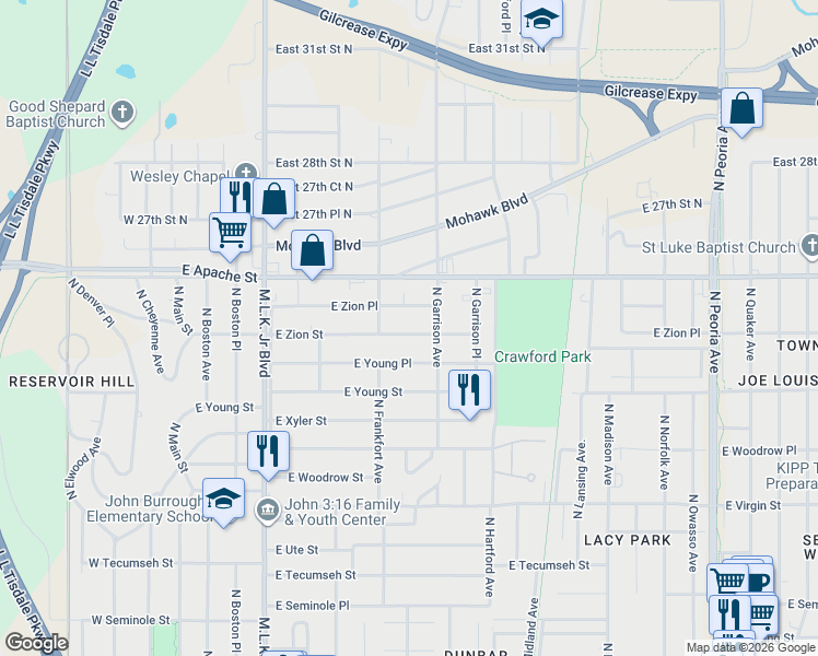 map of restaurants, bars, coffee shops, grocery stores, and more near 525 East Zion Street in Tulsa